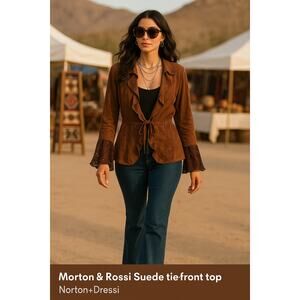 Morton & Rossi Brown Suede Leather Tie Front Top L Boho Lace Bell Sleeve Jacket